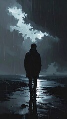 Solitary figure walks through rain-slicked landscape under a dramatic, cloudy sky