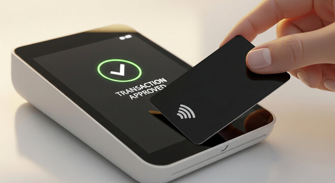 Contactless payment transaction with credit card and POS terminal, wireless NFC technology for secure banking, approved mobile checkout process