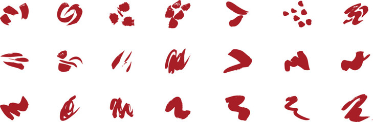 Red paint splatter and brush stroke elements with abstract expressive shapes. Dynamic artistic marks suggesting motion, energy, and creative accents. Ideal for modern backgrounds, overlays, posters, b © Sk