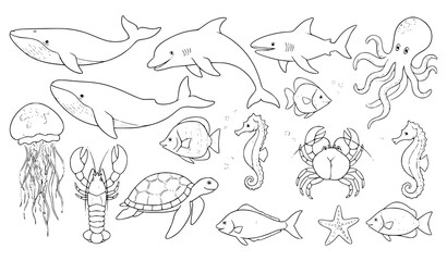 Hand drawn sea animals sketch outline vector illustration set © MDFiroj