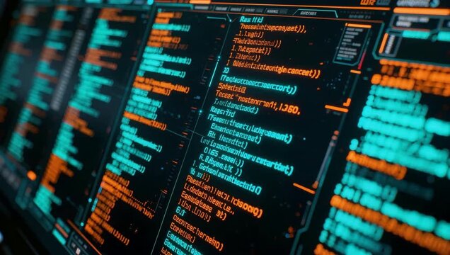 Technology background, programming code against a computer. screen flow of source code. data flow communication, network, privacy concept, 4k animated video