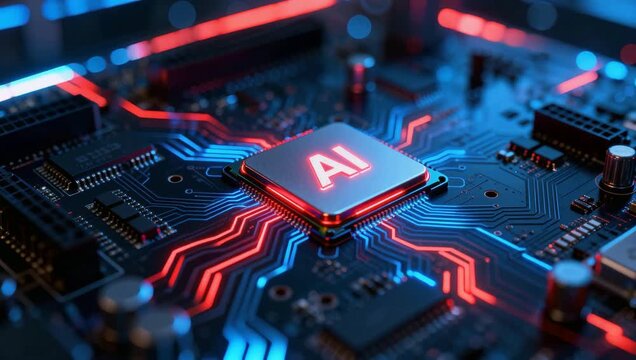 Artificial Intelligence concept 4k video, AI technology, circuit motherboard computer chip design, machine learning, deep learning, computer vision, data network analysis futuristic background
