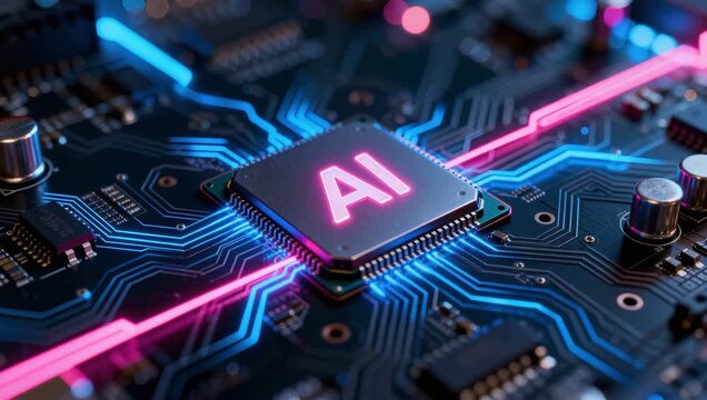 Artificial Intelligence concept 4k video, AI technology, circuit motherboard computer chip design, machine learning, deep learning, computer vision, data network analysis futuristic background