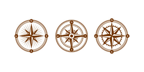 Compass icons set. marine wind rose, nautical chart. Monochrome navigational compass © Md Riajul
