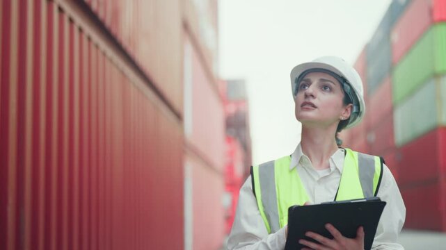 Professional female engineer in safety gear performing a digital inspection of shipping containers at a logistics terminal using a tablet computer. Concept of quality control, digital logistics.