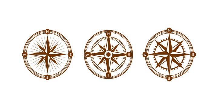 Compass icons set. marine wind rose, nautical chart. Monochrome navigational compass
