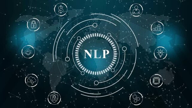 Digital infographic diagram with NLP text and technology icons on dark background natural language processing. Motion graphics of NLP concept