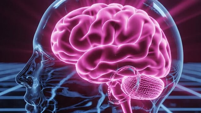 Digital Brain in Head Silhouette with Pink Rays and Grid Background