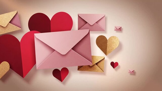 Romantic flat lay animation with paper hearts and envelopes arranged on a soft background