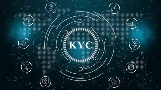 KYC acronym in center of hexagonal diagram with business icons and dot Keywords: KYC, acronym, business, technology, diagram, hexagonal, icons, Motion graphics of KYC concept