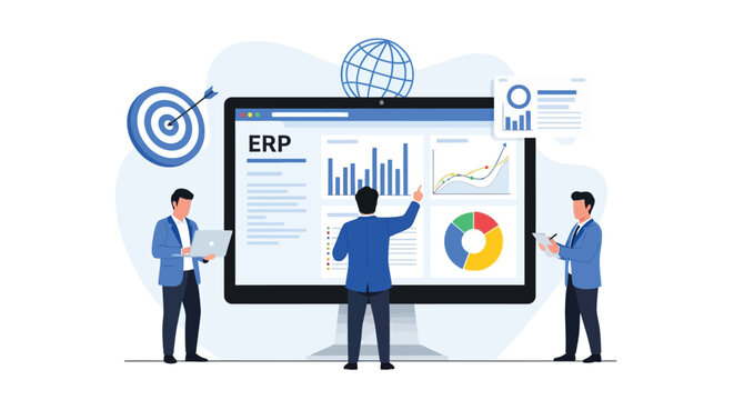 Business Analytics Team Presenting ERP Dashboard On Large Screen With Charts And Graphs