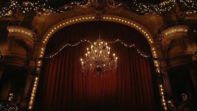 An elegant theater stage with a chandelier and rich red curtains.