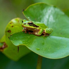 Obraz premium Small green frog sits perched on a large, bright green leaf with blurry green and brown background
