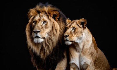 Fototapeta premium Regal lion and lioness pair, bathed in warm light against stark black background