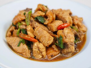 Fototapeta premium The stir-fried chicken with basil is in a dish placed on a white background. Spicy Thai food is delicious, and I made it myself.