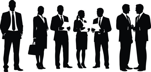 Business People Standing And Discussing Documents Silhouette Vector Illustration 