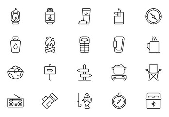 Fototapeta premium Hiking and Outdoor Survival Line Icon Set – Adventure and Wilderness Linear Symbols Including Tent, Backpack, Hiking Boots, Survival Map, Campfire and Mountain Icons