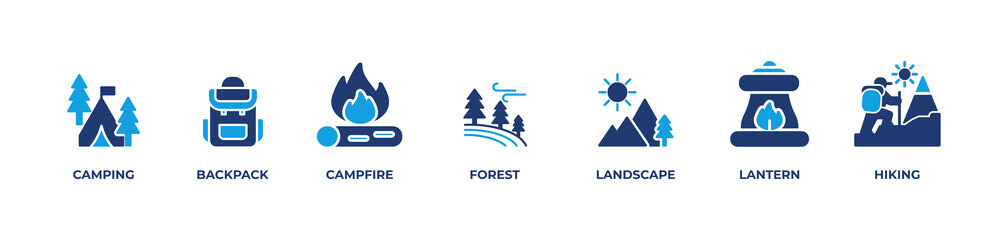 Outdoor Adventure Icons Icons set vector illustration with Camping, Backpack, Campfire, Forest, Landscape, Lantern, Hiking