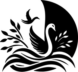 Obraz premium Serene Swan Silhouette: A minimalist graphic composition featuring a graceful swan swimming serenely in water, accompanied by a soaring bird and foliage. A striking contrast of light and shadow