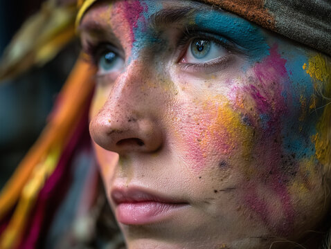 Young woman with a visionary mood wearing colorful face paint against a dark artistic background