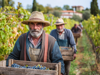 Elderly winemakers with weary expressions carrying crates of harvested grapes against a sun-drenched vineyard background