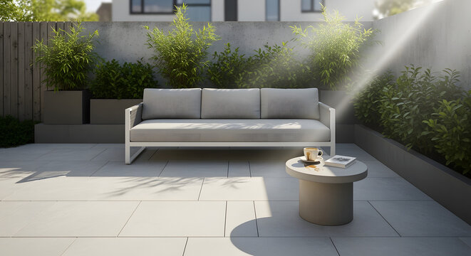 Modern Patio Furniture Set on a Sunny Terrace with Lush Planters and Minimalist Design