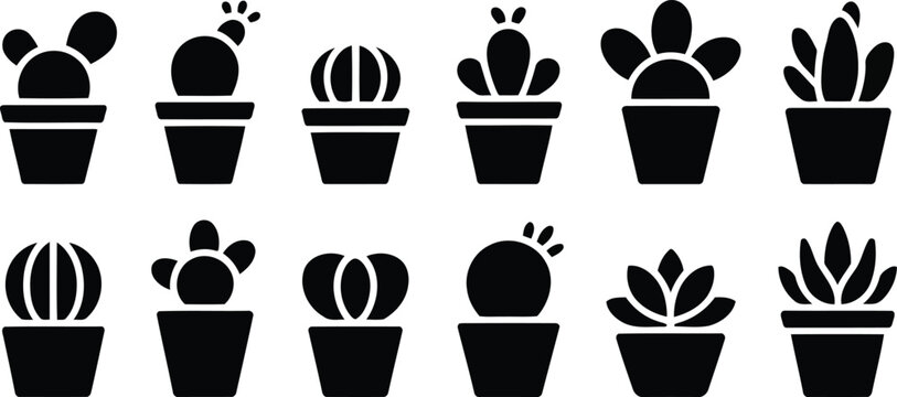 A comprehensive visual array featuring black silhouette potted cacti and succulents in two neat rows