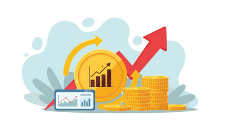 Fototapeta premium Vibrant illustration of coins, stacked gold, and a rising red arrow with charts on a tablet, symbolizing financial growth, investment, and rising profits. Ideal for finance, business, and economic