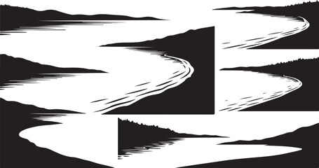 Abstract black and white landscape with geometric shapes moving