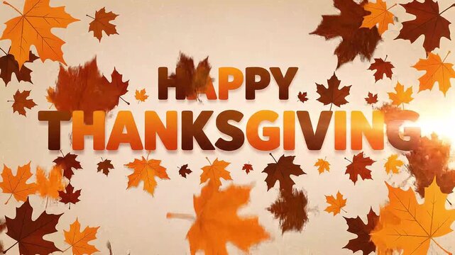 Happy thanksgiving text with orange and brown maple leaf shapes scattered on a white background with a bright light source 4k animation