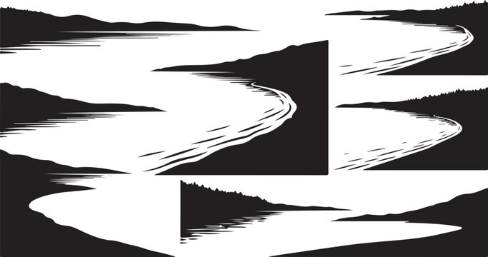 Abstract black and white landscape with geometric shapes moving