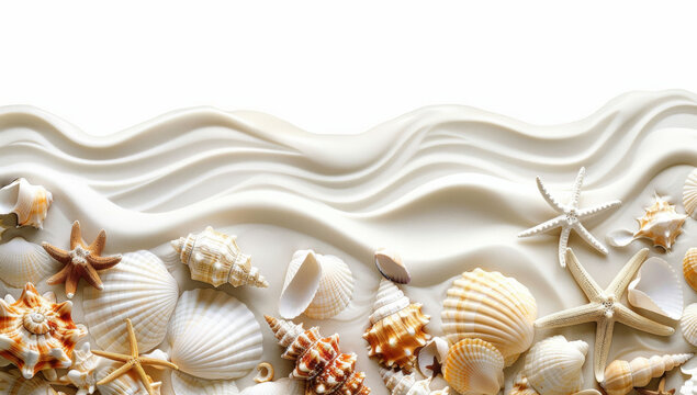 Collection of Seashells and Starfish on Rippled Sand on Transparent Background. PNG.