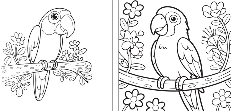 Two cartoon parrot birds one outlined and one colored with a colorful palette below