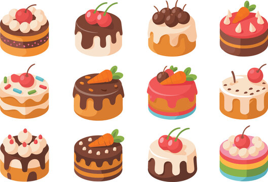 An assortment of twelve beautifully decorated small individual cakes featuring various colorful toppings and glazes