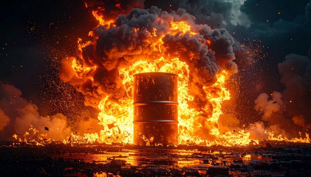 Industrial isolated fuel barrel explosion at midnight on black background