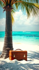 Vintage Retro Brown Suitcase Island Sand Beach The Sea Or Ocean Water