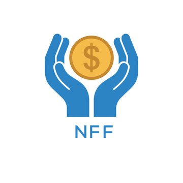 NFF Hands Holding Dollar Coin Logo. NFF Financial Support, Savings and Investment. NFF Care Symbol.
