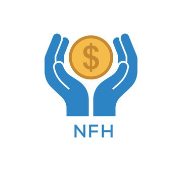 NFH Hands Holding Dollar Coin Logo. NFH Financial Support, Savings and Investment. NFH Care Symbol.
