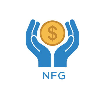 NFG Hands Holding Dollar Coin Logo. NFG Financial Support, Savings and Investment. NFG Care Symbol.
