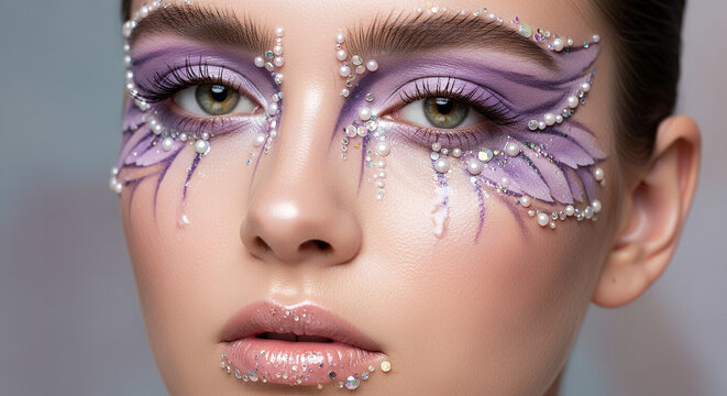 Model with eccentric purple makeup showcasing detailed face art with rhinestones against a soft background