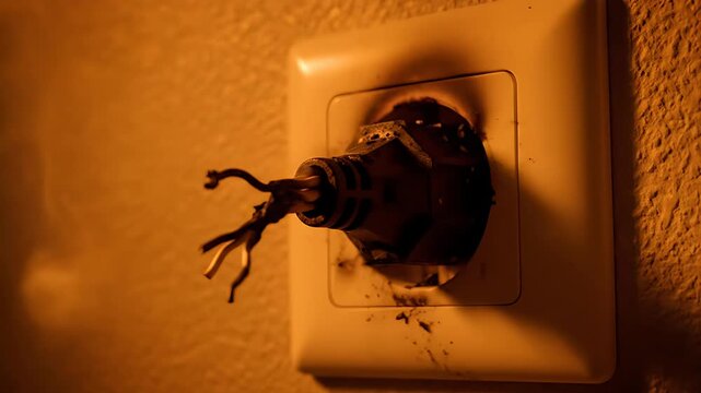 Close-up view of a severely damaged electrical wall socket showing exposed, burnt wires indicating a dangerous short circuit or electrical fire hazard.