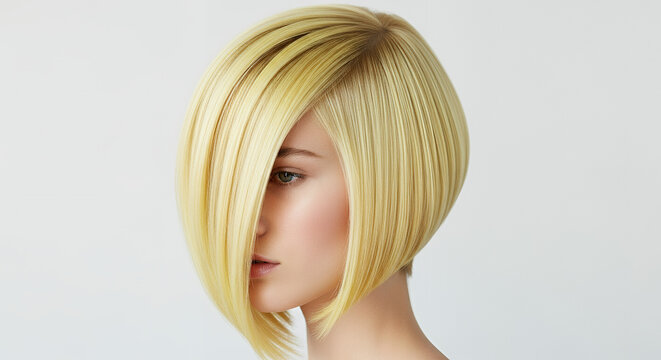 Model with an asymmetrical lob haircut in sleek blonde color presented from a side angle