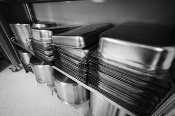 Details with stainless steel kitchen pots, pans and utensils in a professional canteen or hospital...