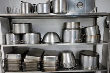 Details with stainless steel kitchen pots, pans and utensils in a professional canteen or hospital...