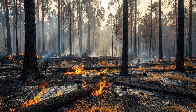 Scorched Forest Landscape With Burning Trees And Ground Fire Aftermath Devastation Of Wildfire Disaster Smoke Haze Against A Dramatic Sky