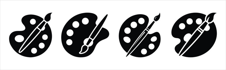 black silhouette icon of artist's paint palette and brush with circular wells, minimal vector ideal for creative, artistic, and design themes black silhouette icon of artist's paint palette and brush.
