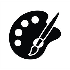 black silhouette icon of artist's paint palette and brush with circular wells, minimal vector ideal for creative, artistic, and design themes black silhouette icon of artist's paint palette and brush.