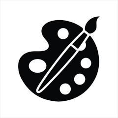 black silhouette icon of artist's paint palette and brush with circular wells, minimal vector ideal for creative, artistic, and design themes black silhouette icon of artist's paint palette and brush.