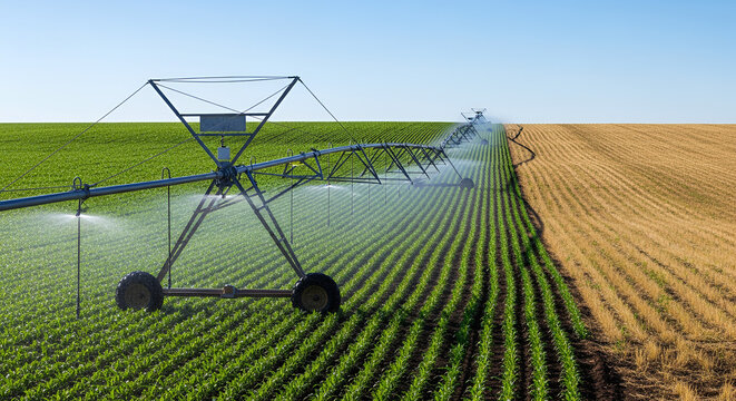 Modern center-pivot irrigation system watering green crops with drone technology against bright sunlit landscape