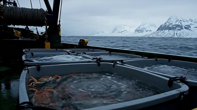 Several live crabs are temporarily held in circulating water tanks aboard a commercial fishing vessel operating near icy arctic mountains